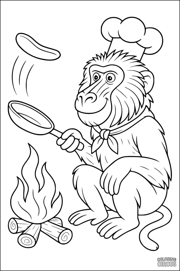 Coloring page of a cartoon baboon wearing a chef hat, flipping pancakes over a campfire