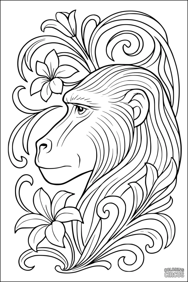 Coloring page showing a baboon surrounded by decorative floral and leafy patterns