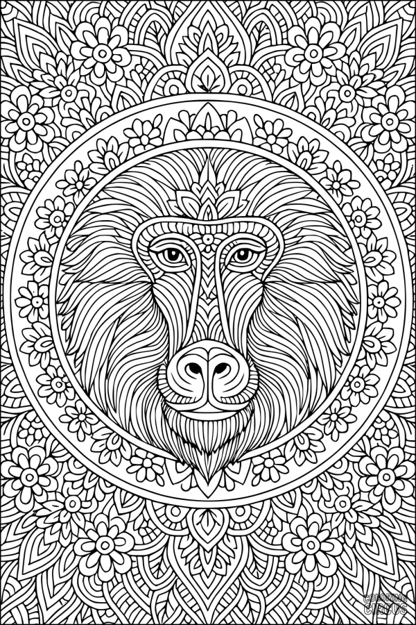 Coloring page featuring a detailed baboon face surrounded by intricate floral and mandala designs