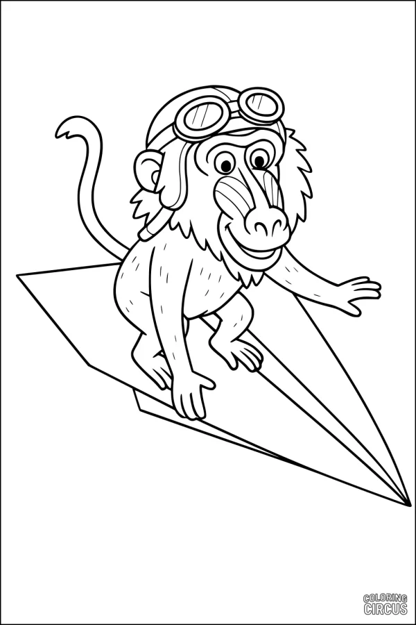 Coloring page of a cartoon baboon wearing goggles flying on a paper airplane