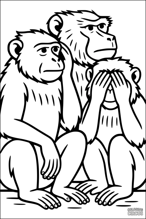 Coloring page of three baboons sitting together, each with a unique pose