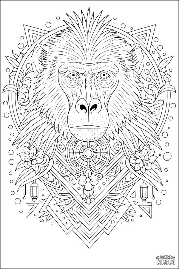 Coloring page of a detailed baboon face framed by mandala shapes and garden flowers.