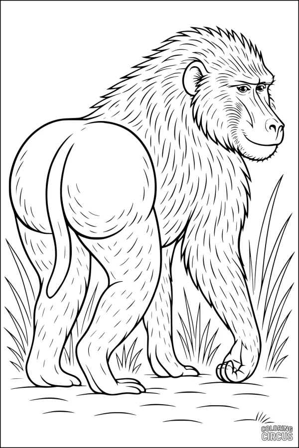 Coloring page featuring a detailed baboon standing in tall grass for children