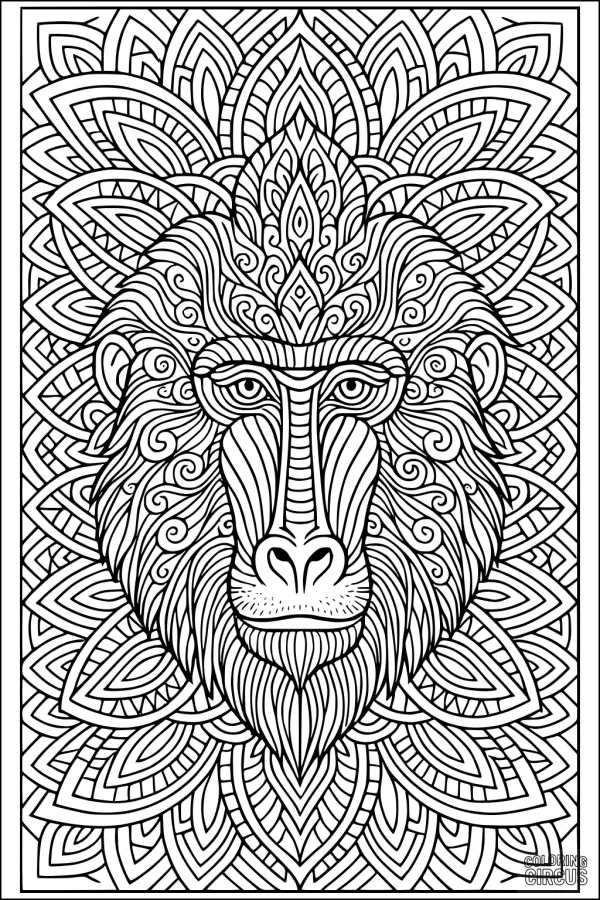 Coloring page featuring a detailed baboon mandala design with intricate patterns and jungle motifs