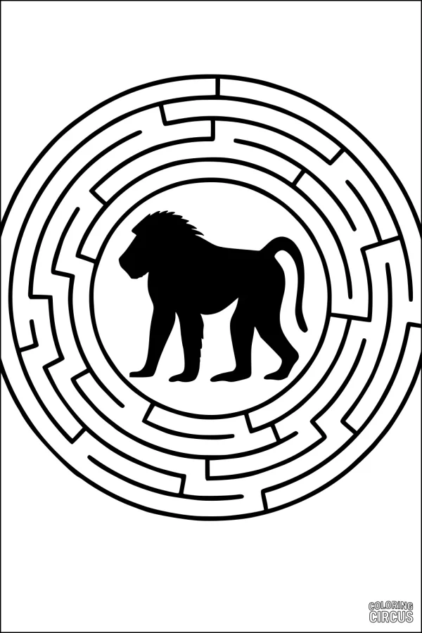 Coloring page featuring a baboon silhouette inside a circular maze, perfect for kids