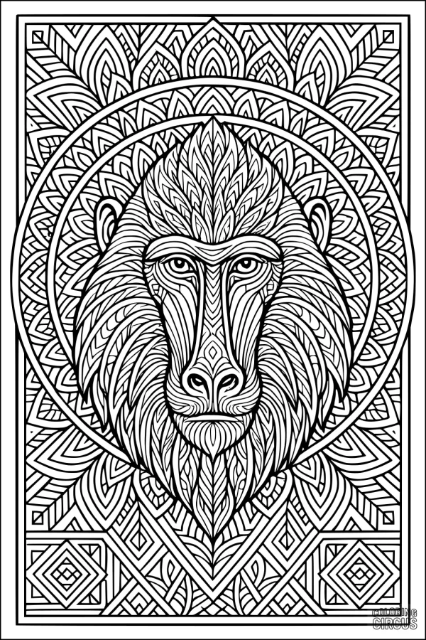Coloring page featuring a detailed baboon head surrounded by intricate geometric patterns for kids and adults