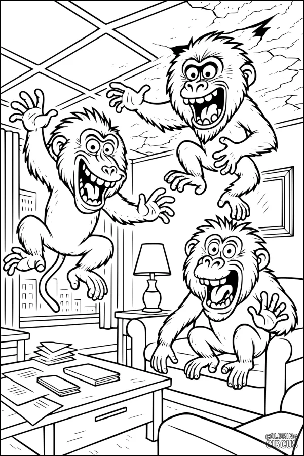Coloring page of three cartoon baboons playfully jumping in a living room setting with furniture and scattered papers