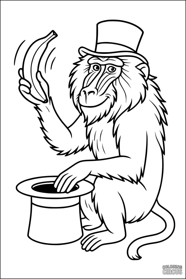 Coloring page of a baboon wearing a tall hat, holding a banana, sitting by a magician’s hat
