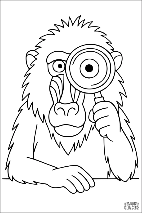 Coloring page featuring a friendly baboon holding a magnifying glass, perfect for kids