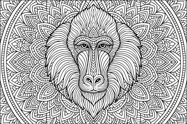 Coloring page featuring an intricate mandala with a detailed baboon face in the center, perfect for mindful coloring.
