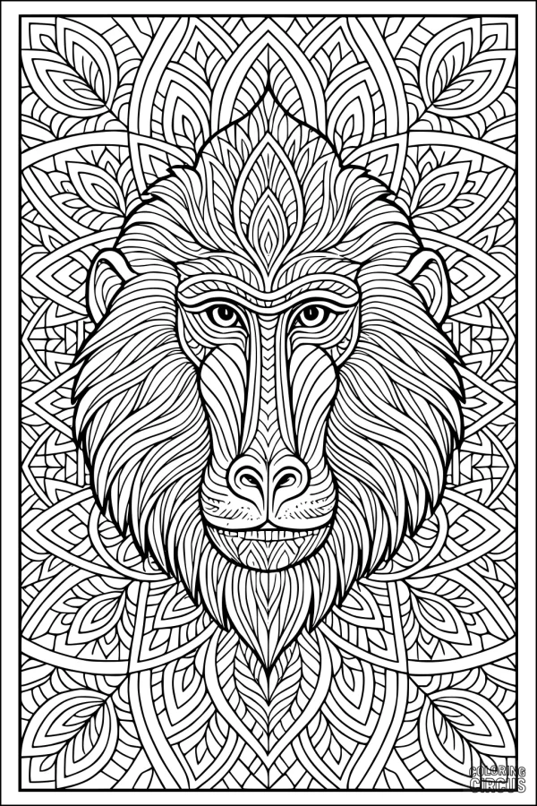 Coloring page with detailed mandala-style baboon face and decorative jungle leaves