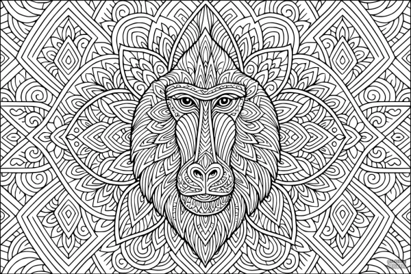 Coloring page showing a detailed baboon mandala with intricate patterns