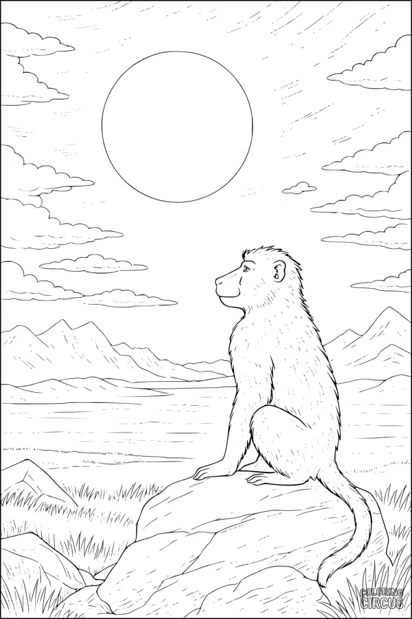Coloring page featuring a baboon sitting on a rock overlooking a lake, mountains, and a sunrise sky