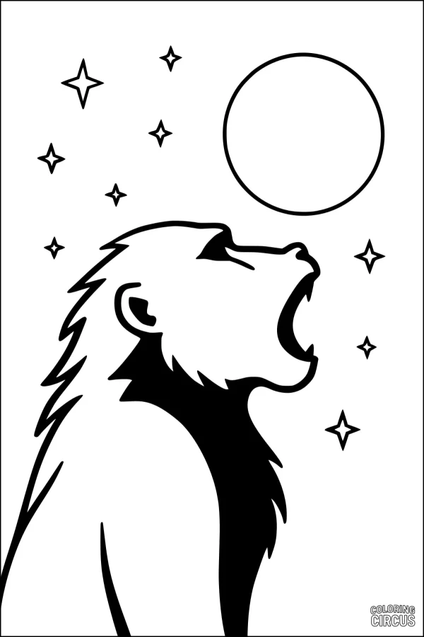 Coloring page of a baboon howling at the moon with stars in the night sky