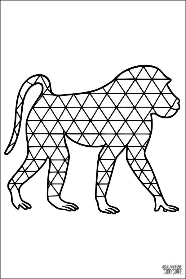 Coloring page of a baboon silhouette filled with triangle mosaic pattern, for animal and geometric theme activities.