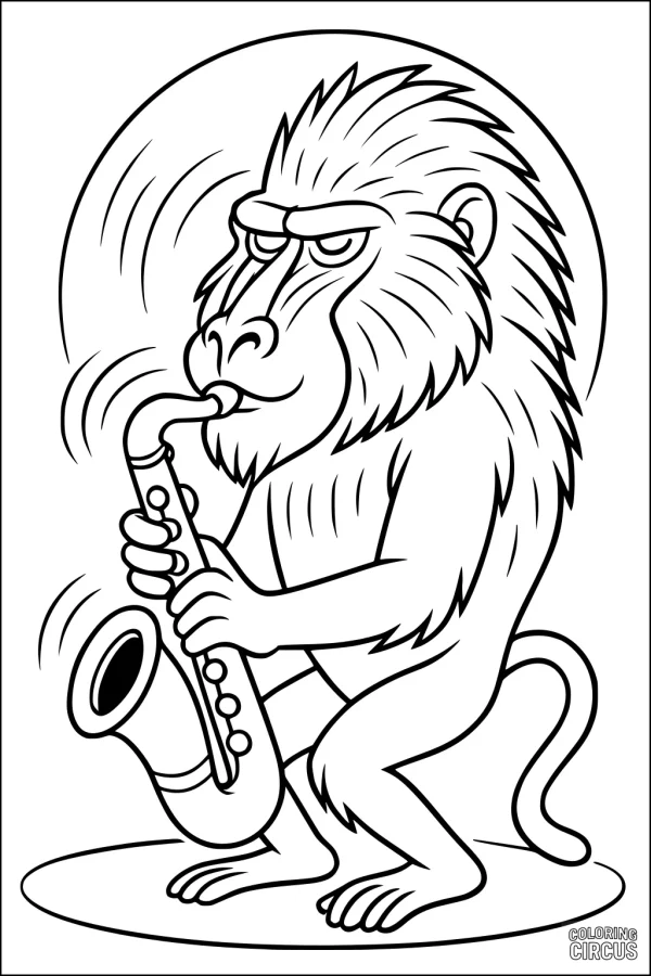 Coloring page of a baboon playing a saxophone, designed for kids