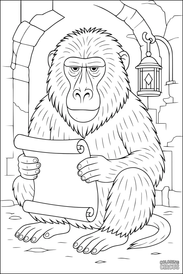 Coloring page showing a baboon holding a scroll in a stone courtyard with a lantern