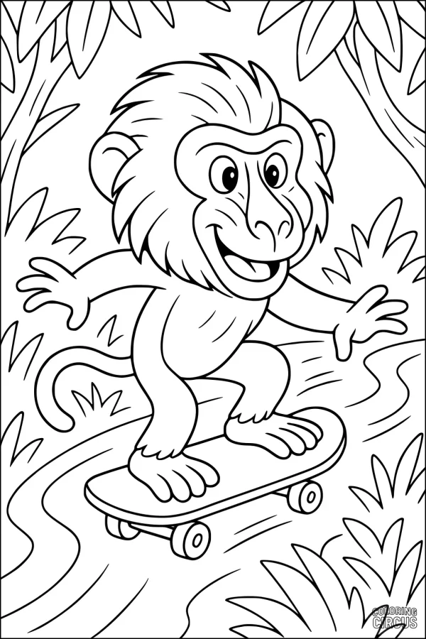 Coloring page of a playful baboon skateboarding in a jungle with trees and bushes surrounding the path