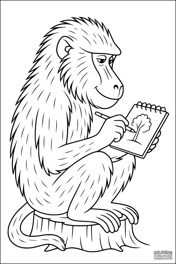 Coloring page shows a cartoon baboon drawing a tree in a sketchbook while sitting on a tree stump.