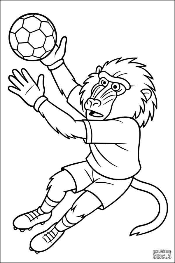 Coloring page baboon playing soccer as a goalkeeper, reaching for the ball
