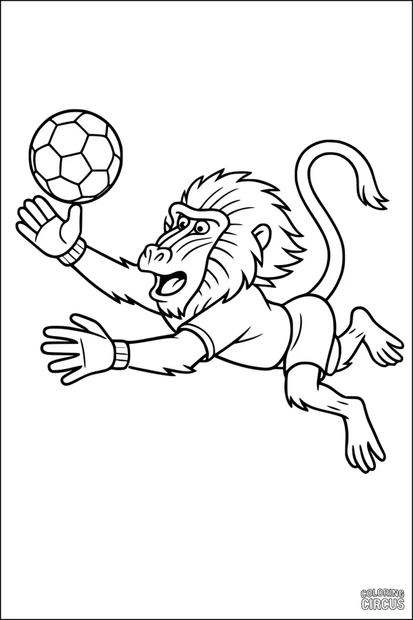 Coloring page of a cartoon baboon playing soccer as a goalie reaching for a ball