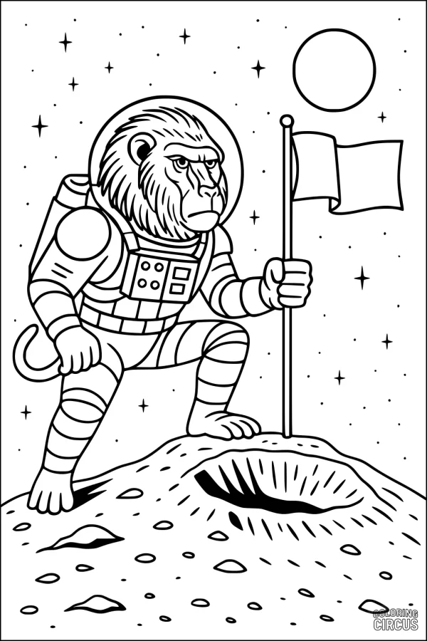 Coloring page of a baboon in a spacesuit standing on the moon holding a flag with stars in the background