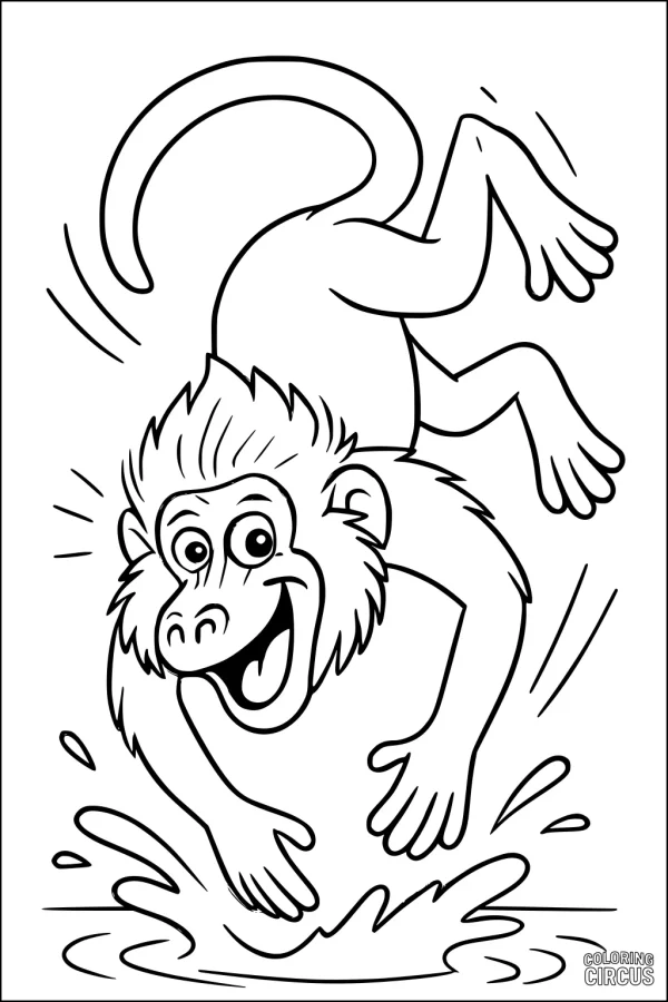 Coloring page of a cheerful cartoon baboon jumping into water
