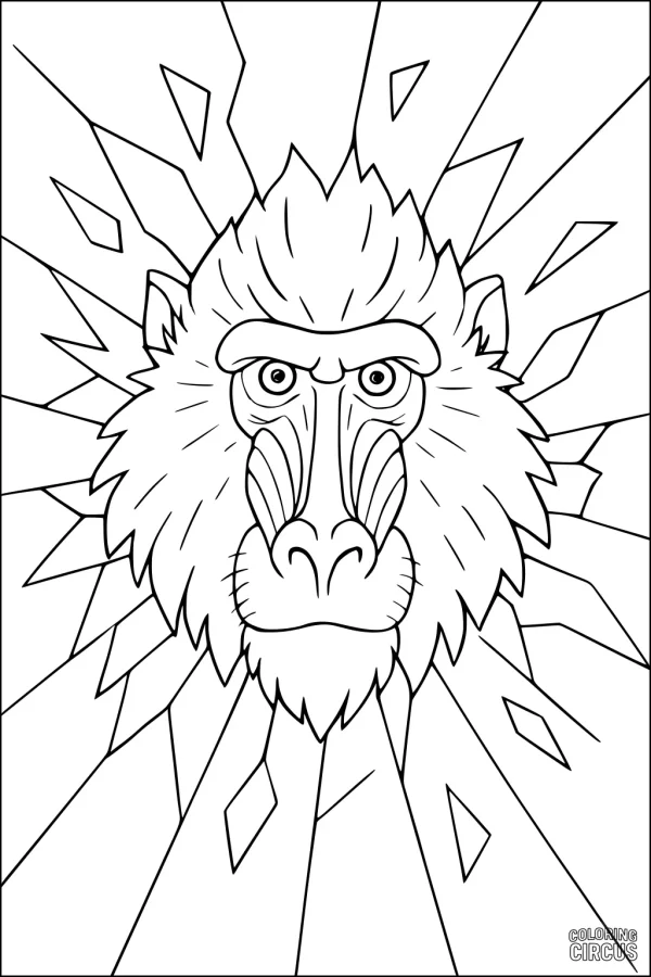 Coloring page showing a dramatic baboon face with radiating sunburst geometric shapes