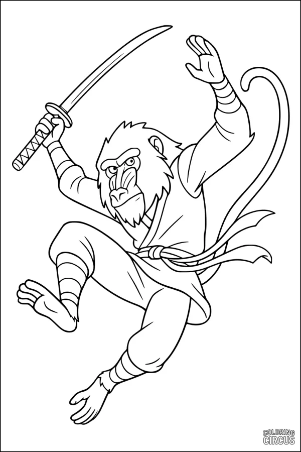 Coloring page featuring an action-packed cartoon baboon holding a sword, dressed in a hero costume, ready to leap.