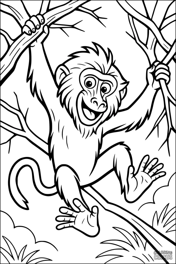 Coloring page showing a cartoon baboon swinging through trees