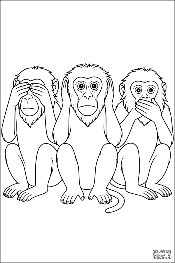 Coloring page with three baboons sitting side by side performing see no evil, hear no evil, speak no evil gestures