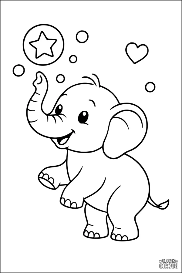 Coloring page of a smiling cartoon baby elephant with bubbles, a star, and a heart
