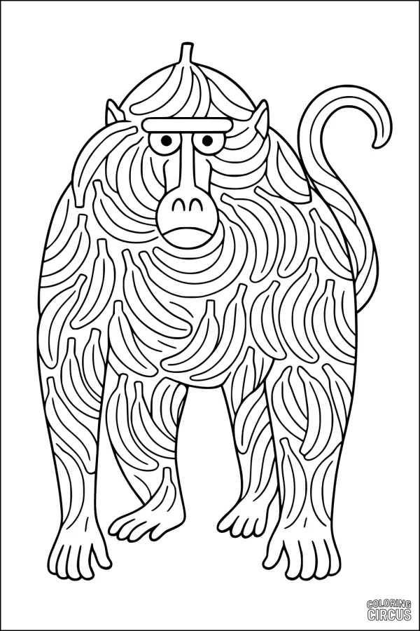 Coloring page of a baboon with banana shapes in its fur, suitable for kids