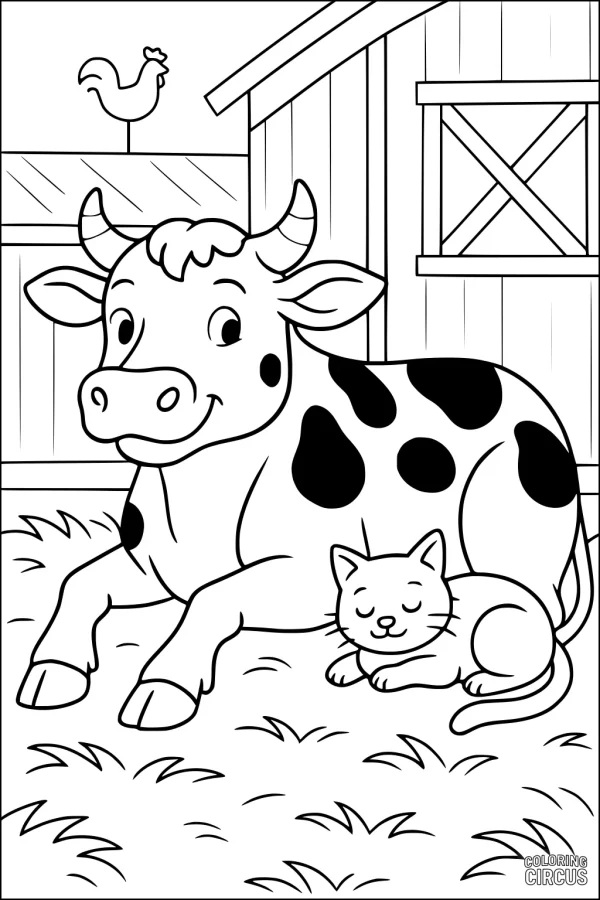 Coloring page featuring a cartoon cow and cat relaxing outside a barn with a rooster on the roof