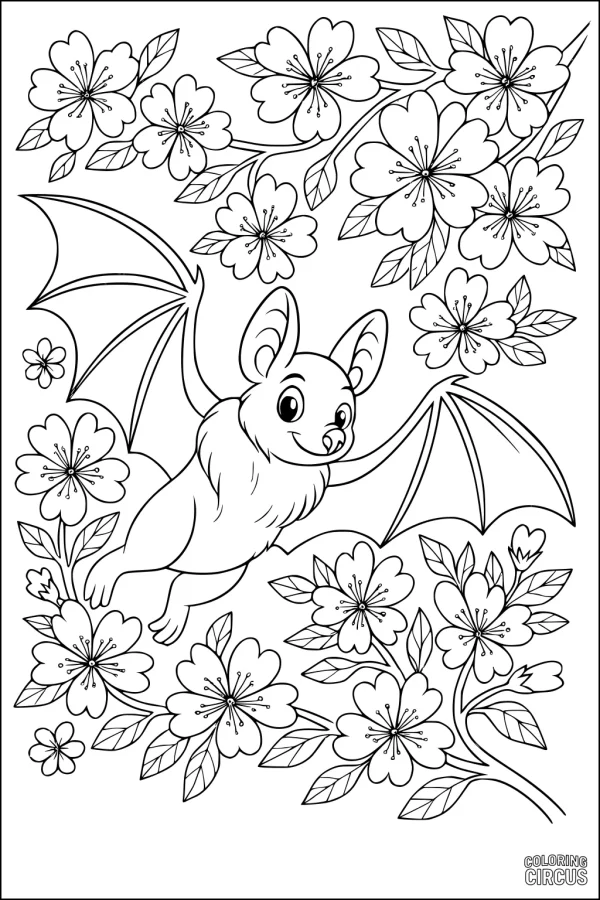 Coloring page featuring a cute bat flying among spring flowers and leafy branches
