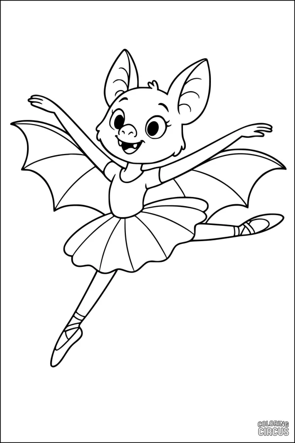 Coloring page featuring a cute bat ballerina leaping with outstretched wings and a tutu, perfect for kids