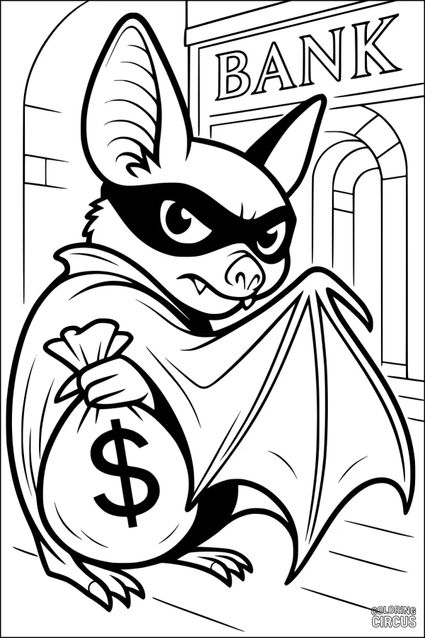 Coloring page shows a cartoon bat in a mask and cape holding a money bag outside a bank.