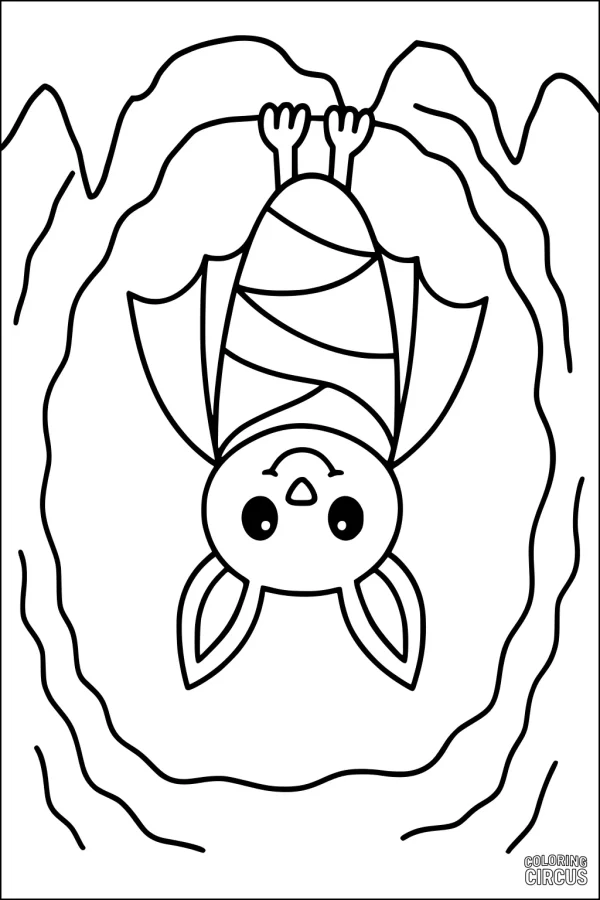 Coloring page of a cute cartoon bat hanging upside down in a simple cave setting