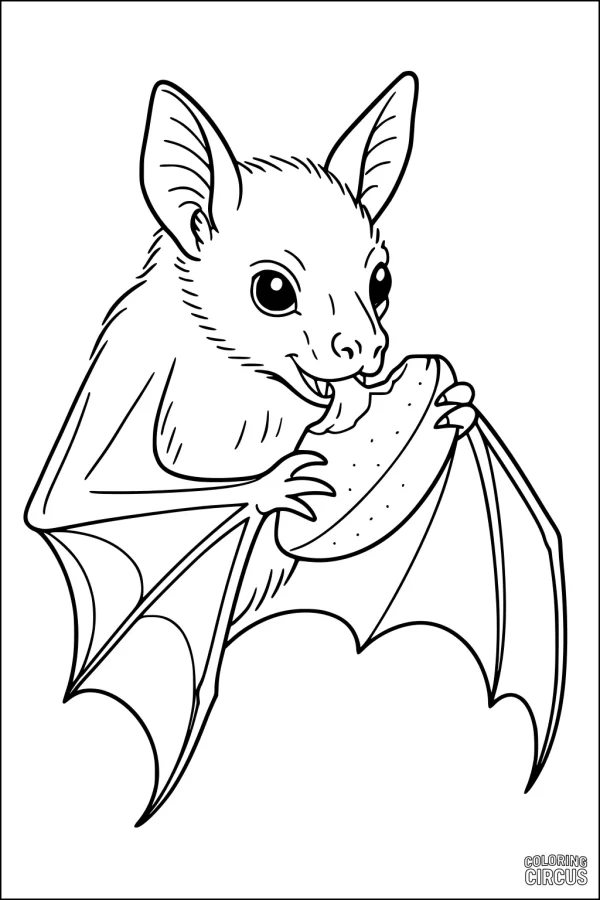 Coloring page bat holding and eating a fruit slice with large eyes, detailed wings, and cute features
