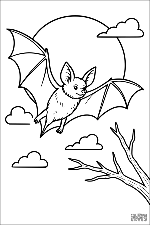 Coloring page featuring a cute bat flying in front of a large full moon with clouds and a tree branch in the scene