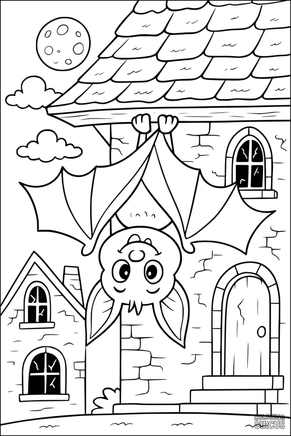 Coloring page showing a cute bat hanging upside down from a rooftop with stone houses, a full moon, and clouds in the background