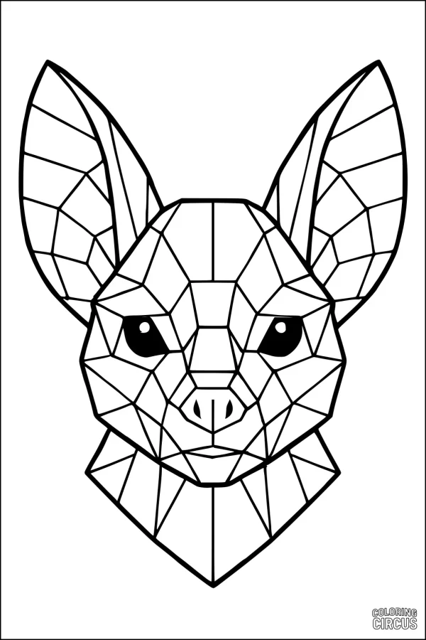 Coloring page featuring a geometric bat face with large ears and a mosaic pattern