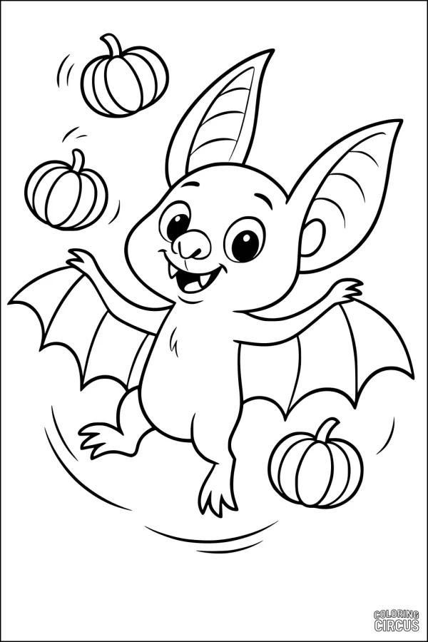 Coloring page showing a cute bat joyfully juggling pumpkins with big wings and ears.