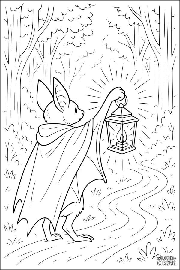Coloring page of a cartoon bat in a cape holding a glowing lantern and walking along a winding forest path