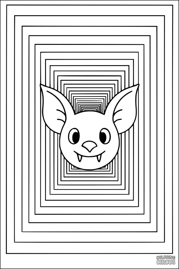 Coloring page featuring a smiling cartoon bat surrounded by concentric square frames