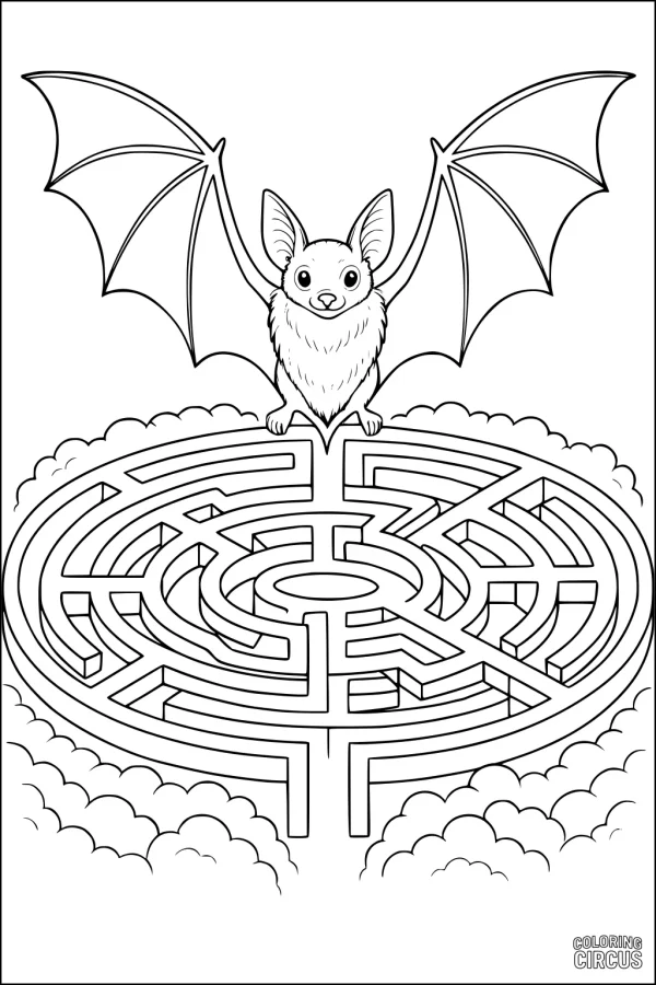 Coloring page featuring a cute bat with big wings sitting atop a round maze surrounded by clouds.