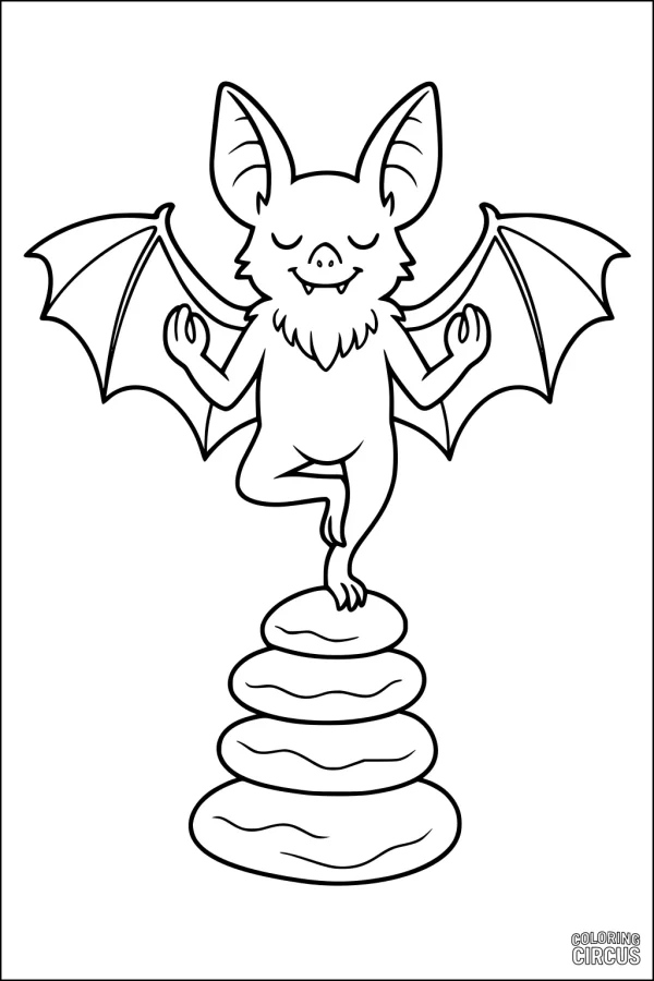 Coloring page of a cute bat balancing on stacked stones with closed eyes and outstretched wings