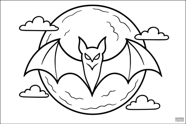 Coloring page featuring a flying bat with wide wings in front of a full moon and surrounded by clouds