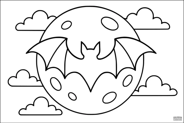 Coloring page of a bat flying in front of a full moon with clouds in the background