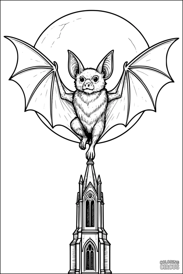 Coloring page of a bat perched on a tall tower with the full moon behind it